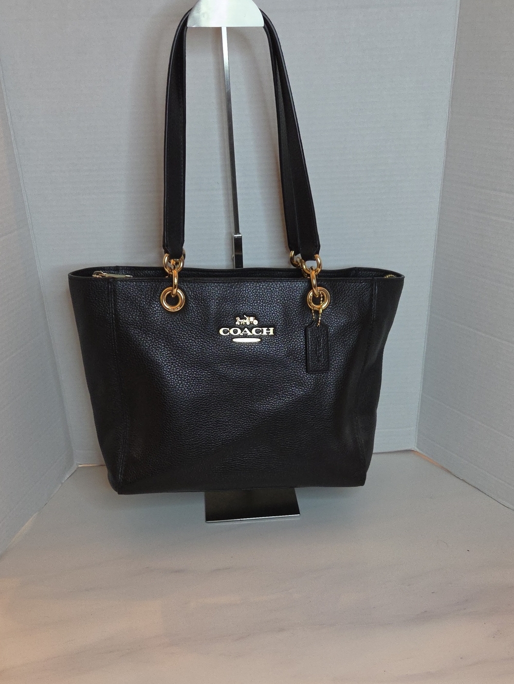 Coach Black Leather Tote Bag with Gold Hardware